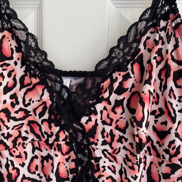 Delta Burke Womens Pink & Black Leopard Print Lace Trim Nightgown Slip Dress - Picture 5 of 8